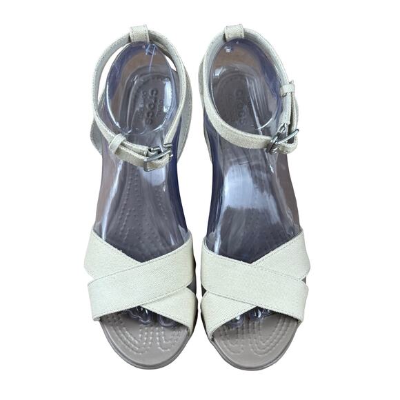 CROCS Wedge Sandal Ankle Strap Criss-Cross Woven Leigh II Oatmeal/Mushroom Tan 9 - Picture 2 of 10